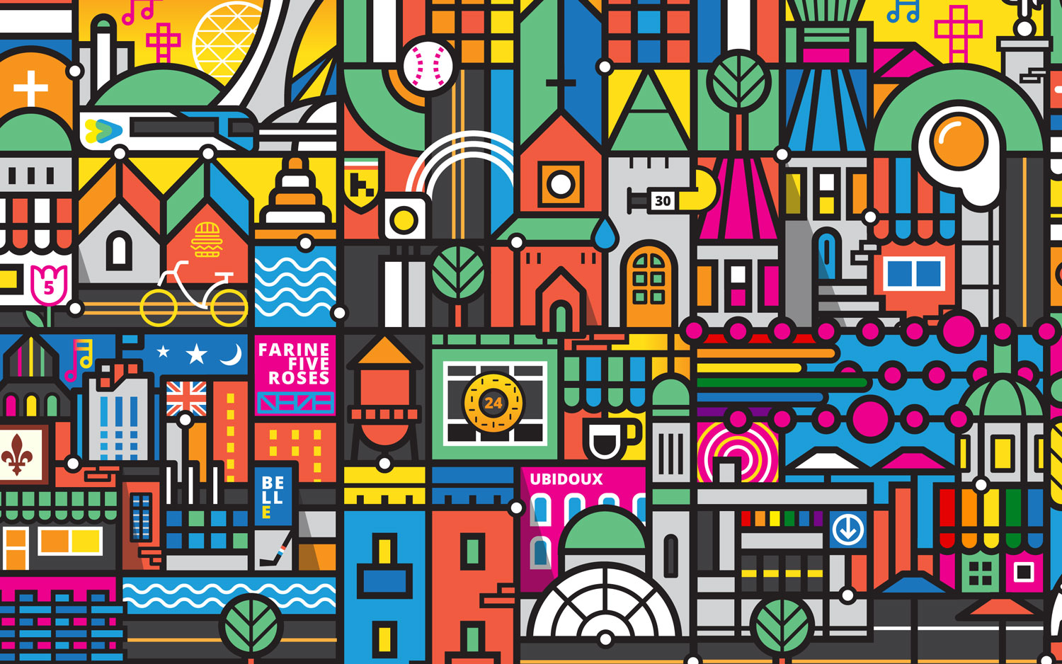 Geometrical, colourful and bold illustration of Montreal City areas by Loogart